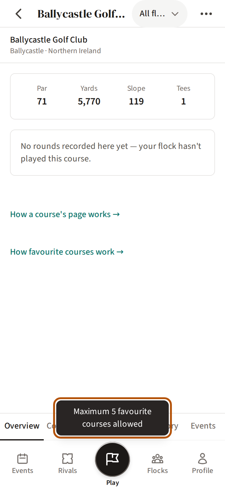 A sixth course's page just after Favourite was pressed with five already saved: the message near the foot of the screen, saying five favourite courses is the most allowed, is ringed.