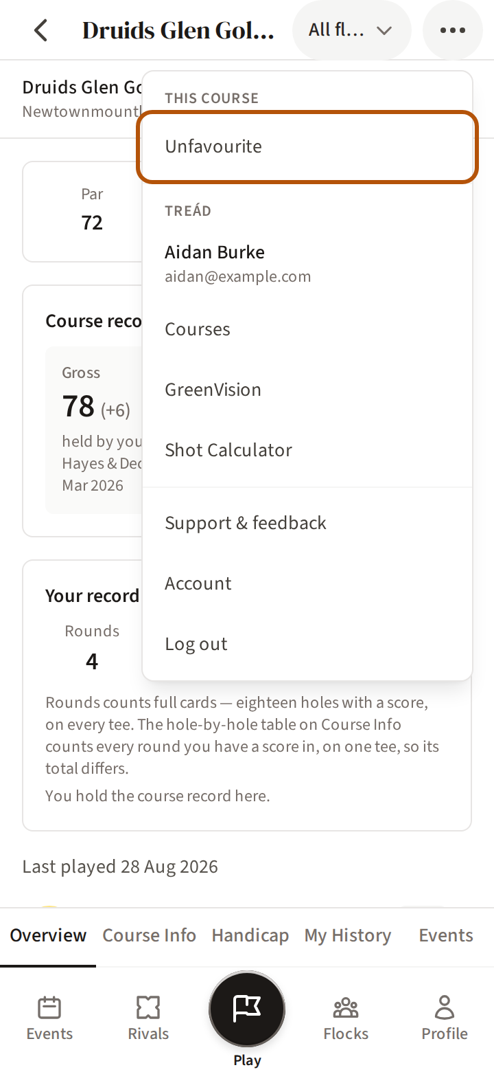 The More menu open on the page of a course that is already a favourite, its This course part first, with the row now reading Unfavourite ringed.