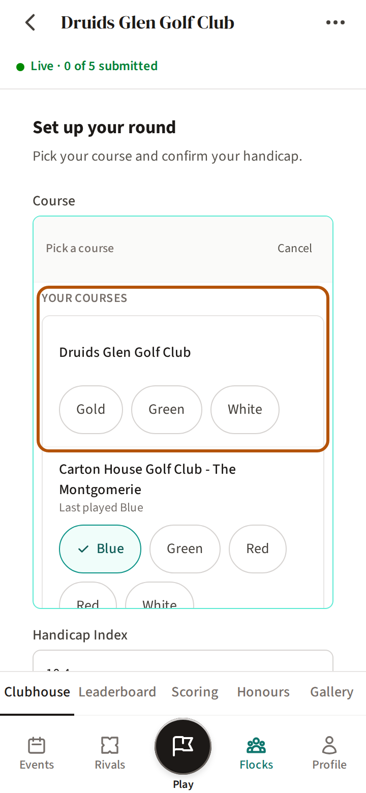 Set up your round with its course list open: Your courses at the top, its first favourite ringed with that course's tees beneath its name, and the next favourite below it.