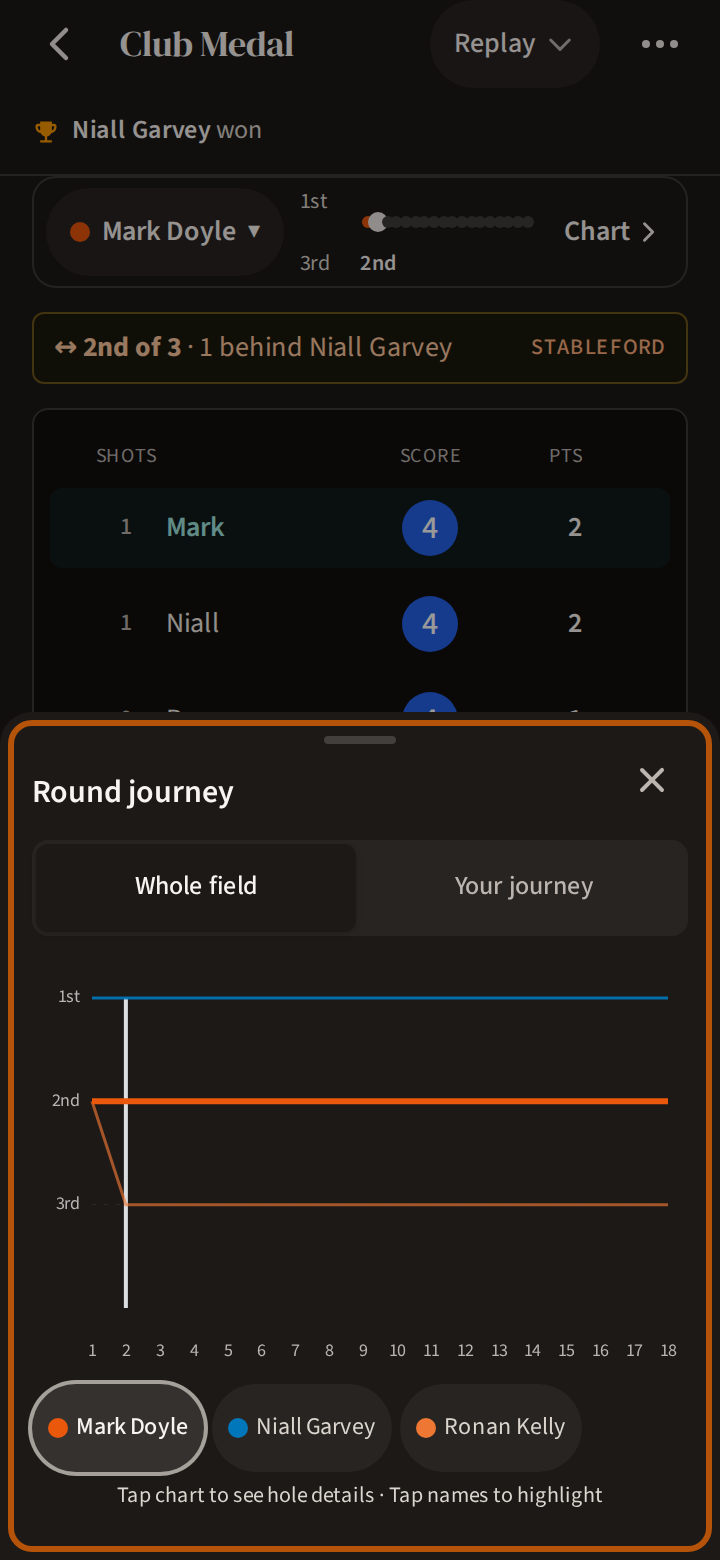 Round journey, rising from the bottom of the screen: Whole field chosen, a line for each player's place after every hole, the player followed in their colour, and the players' names beneath.