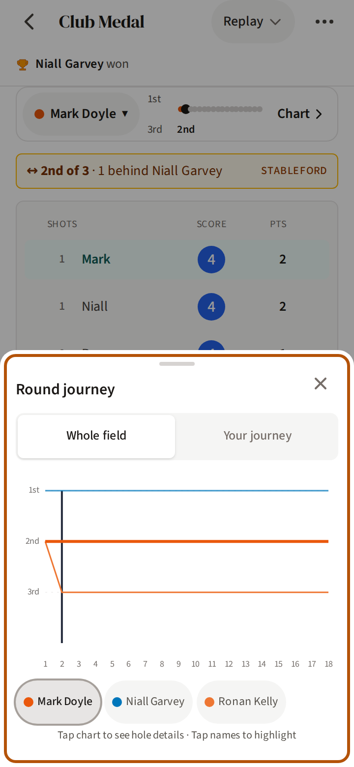 Round journey, rising from the bottom of the screen: Whole field chosen, a line for each player's place after every hole, the player followed in their colour, and the players' names beneath.