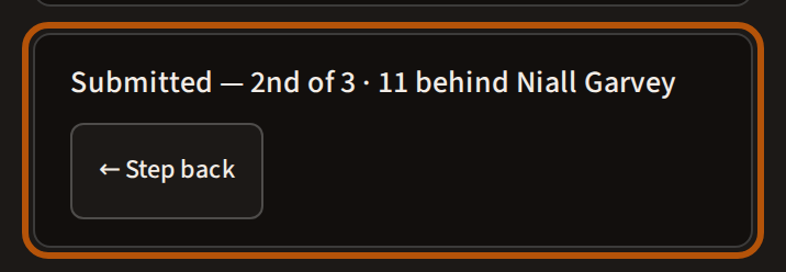 Under the card on the last hole of a submitted card, ringed: Submitted with the result, and the Step back button.