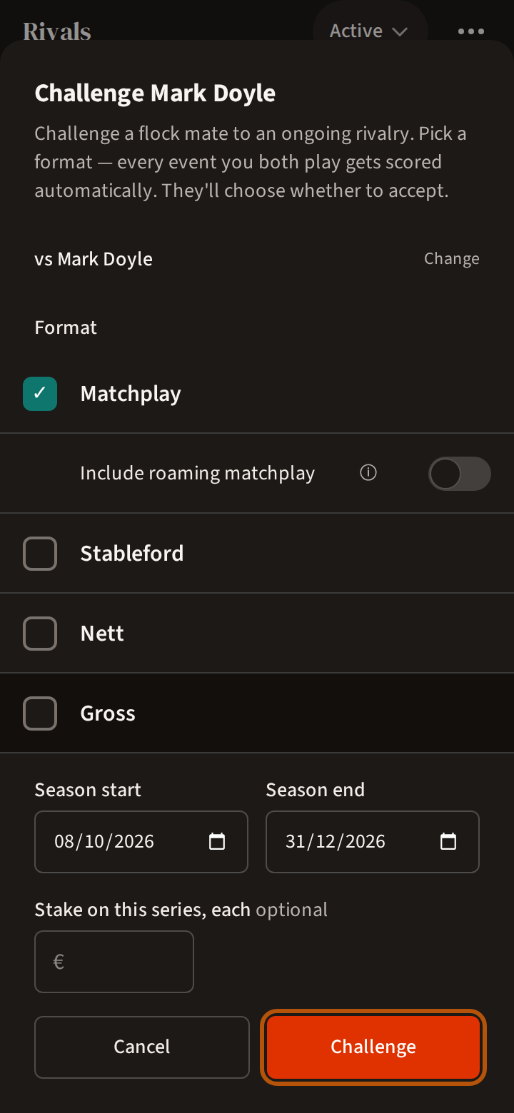 Challenging a member: their name, the four formats to tick, the season's start and end dates, and the Challenge button ringed beside Cancel.