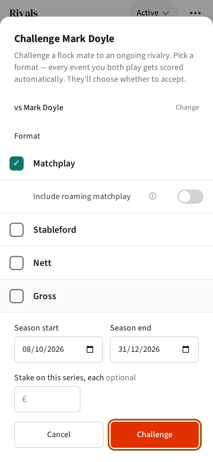 Challenging a member: their name, the four formats to tick, the season's start and end dates, and the Challenge button ringed beside Cancel.