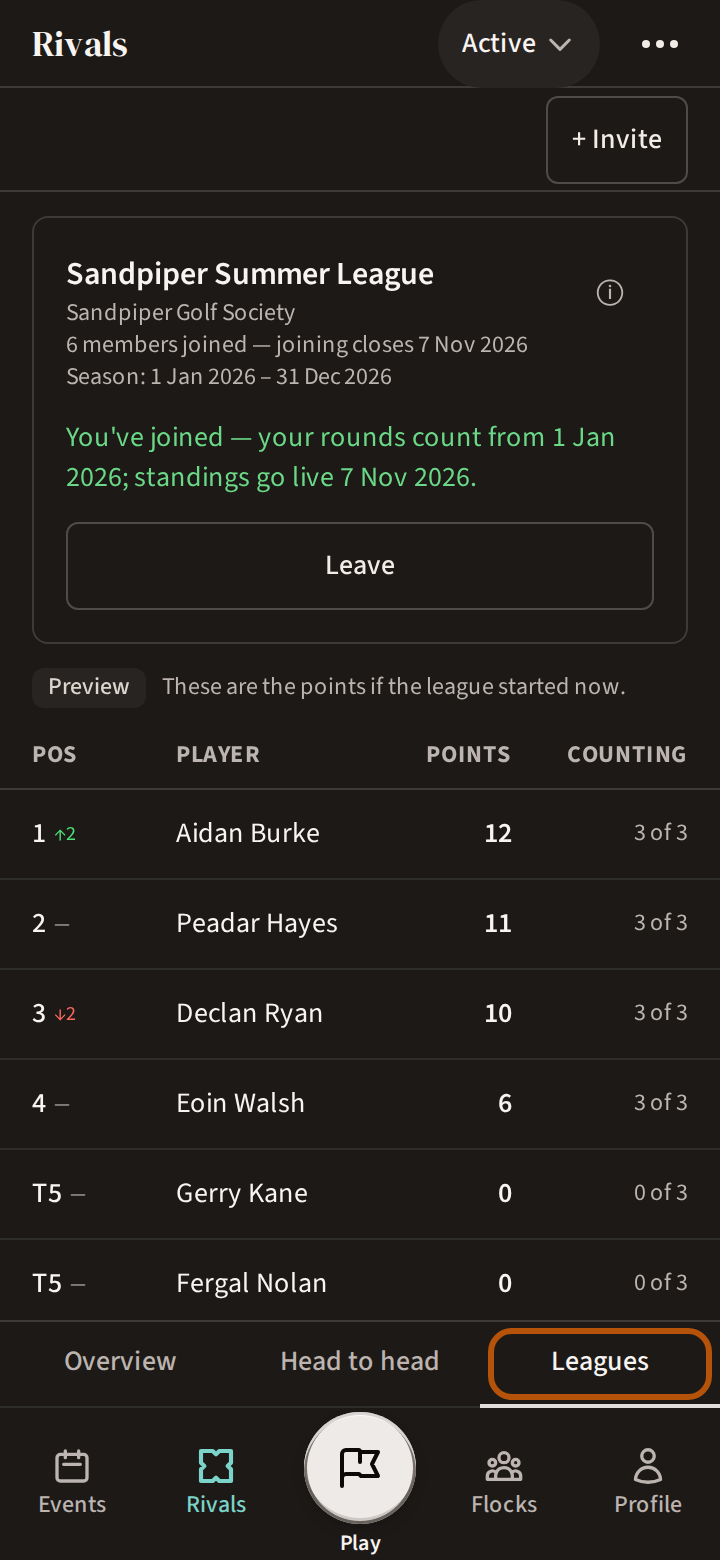 The Leagues section of Rivals, ringed among the sections: the league's card with its season and your place in it, and the table beneath.