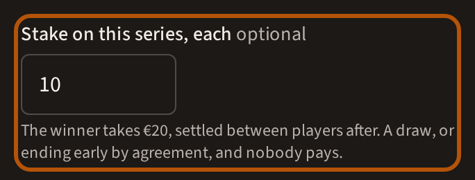 The challenge with a stake typed in: Stake on this series, each, with the amount, and the line beneath saying what the winner takes, ringed.