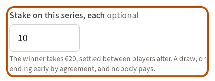 The challenge with a stake typed in: Stake on this series, each, with the amount, and the line beneath saying what the winner takes, ringed.