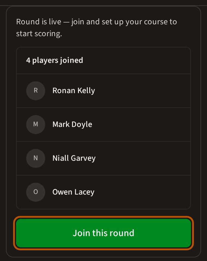 The card at the top of an open roaming round's Clubhouse: a line saying the round is live, the players who have joined, and the Join this round button ringed.