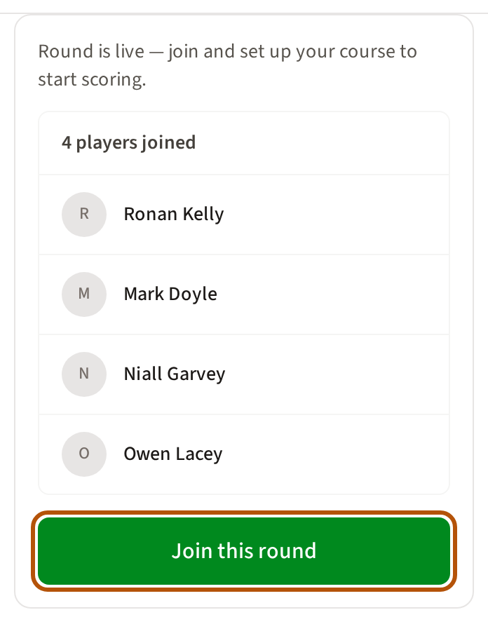 The card at the top of an open roaming round's Clubhouse: a line saying the round is live, the players who have joined, and the Join this round button ringed.