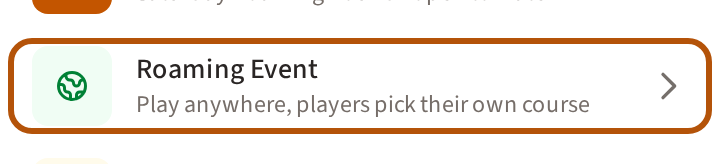 The Play list open, with its Roaming Event row ringed among the kinds of event you can create.