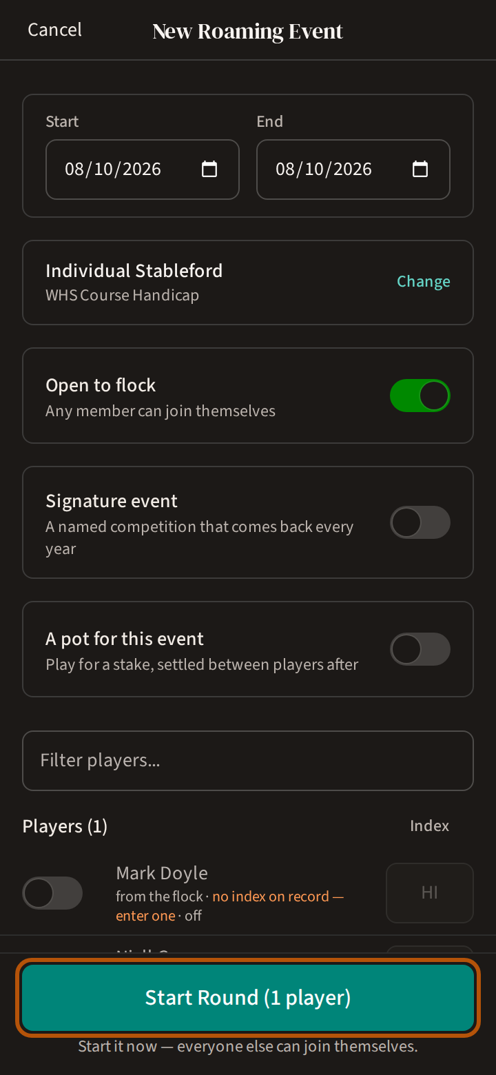 The whole roaming round form on a phone, with the button at its foot that starts the round ringed, and beneath it the line saying every selected player needs a handicap index.