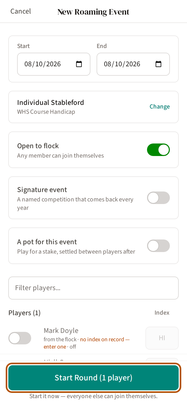 The whole roaming round form on a phone, with the button at its foot that starts the round ringed, and beneath it the line saying every selected player needs a handicap index.