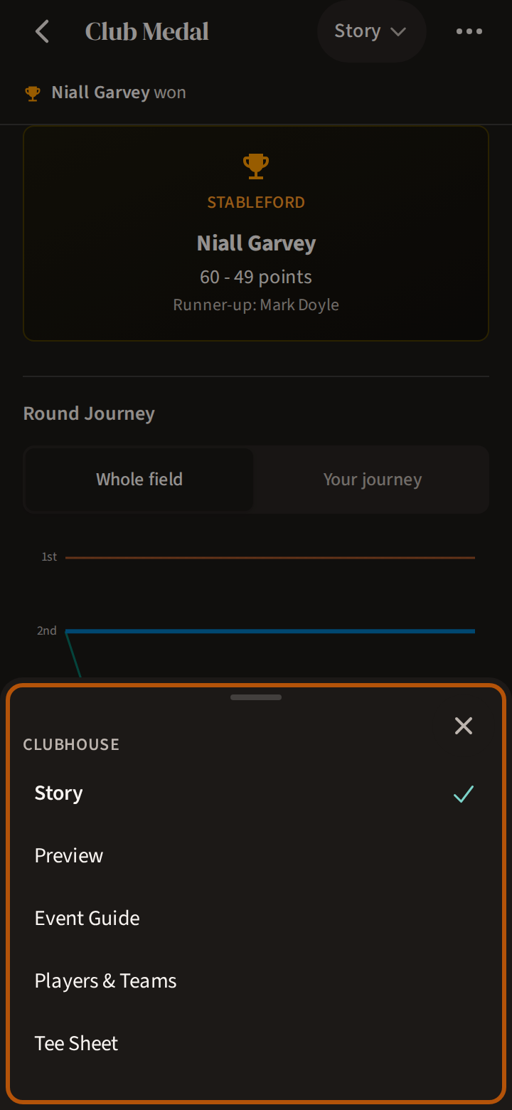 An event's Clubhouse with the picker open, listing its parts: Story, Preview, Event Guide, Players and Teams, Tee Sheet.