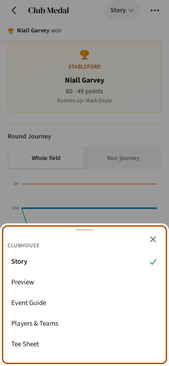 An event's Clubhouse with the picker open, listing its parts: Story, Preview, Event Guide, Players and Teams, Tee Sheet.