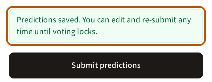 After submitting: a line saying the predictions are saved and can be changed until voting locks, ringed, above the Submit predictions button.
