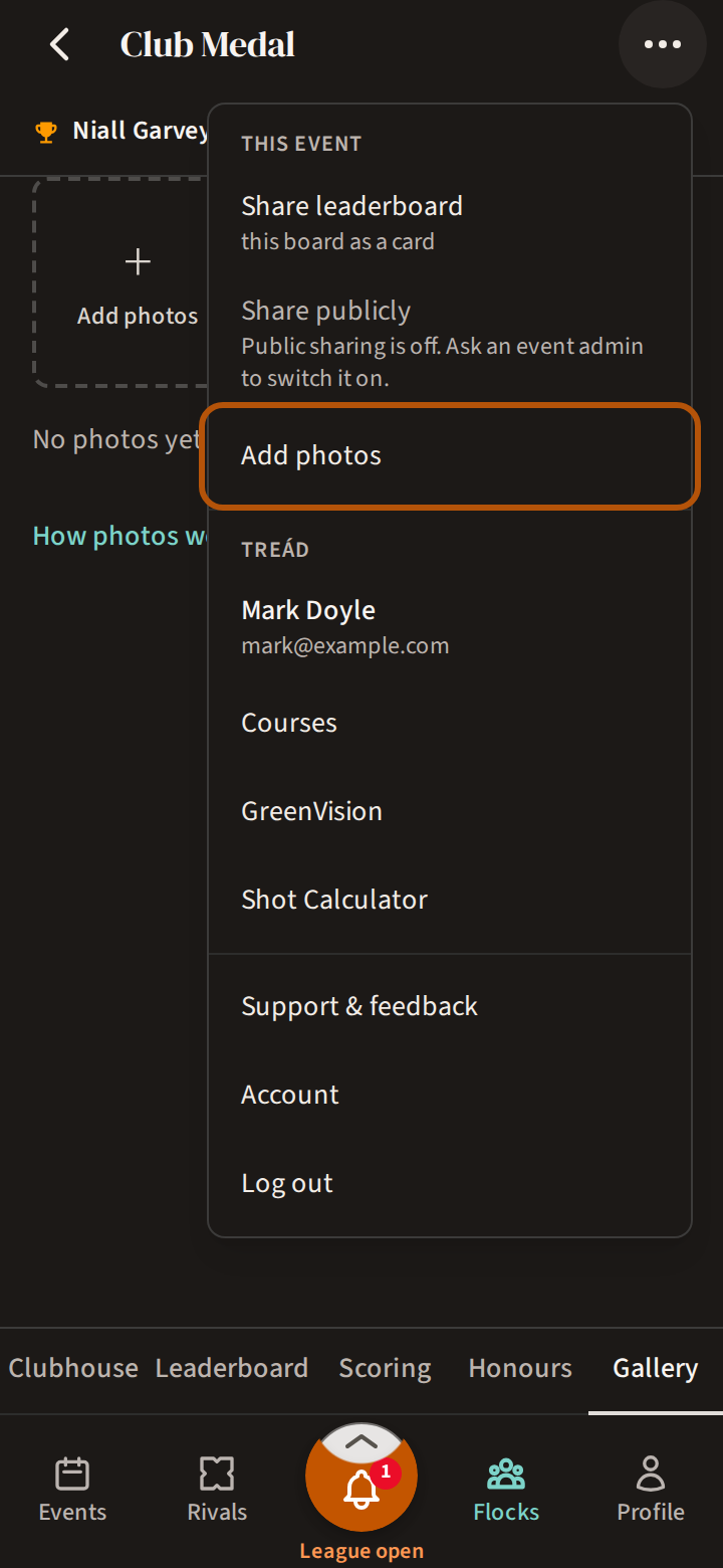 An event's Gallery with the More menu open, and Add photos ringed under This event.