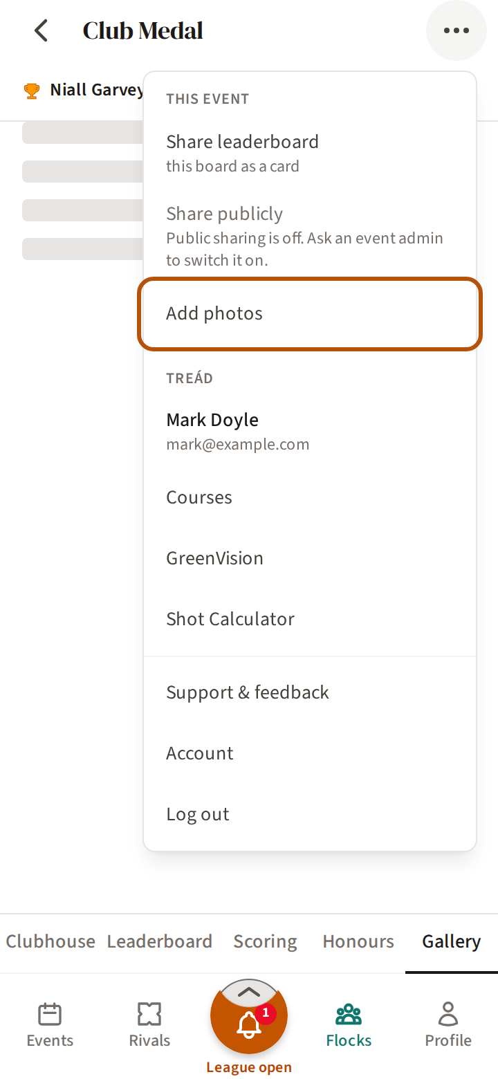An event's Gallery with the More menu open, and Add photos ringed under This event.