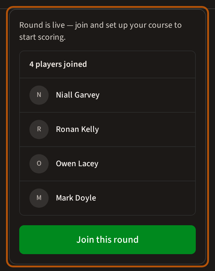 The card at the top of an open round's Clubhouse: a line saying the round is live, the players who have joined, and a Join this round button.