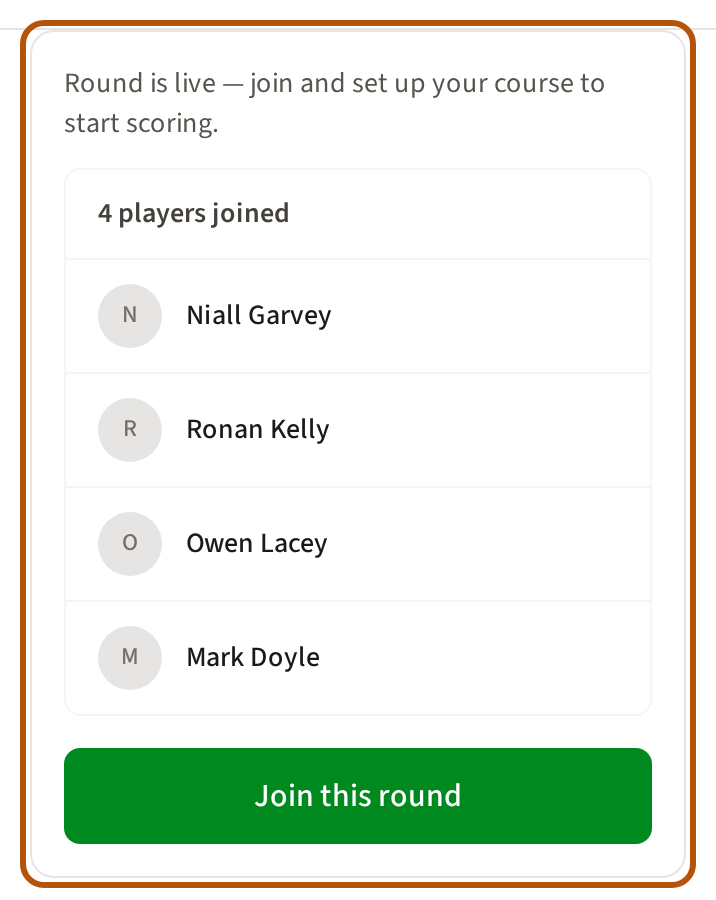 The card at the top of an open round's Clubhouse: a line saying the round is live, the players who have joined, and a Join this round button.