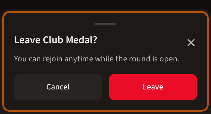 The confirmation after choosing Leave, ringed: the round's name with a question mark, a line saying you can rejoin anytime while the round is open, and the Cancel and Leave buttons.