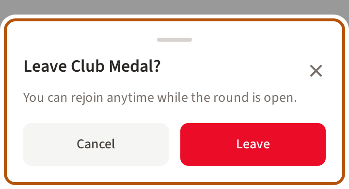 The confirmation after choosing Leave, ringed: the round's name with a question mark, a line saying you can rejoin anytime while the round is open, and the Cancel and Leave buttons.