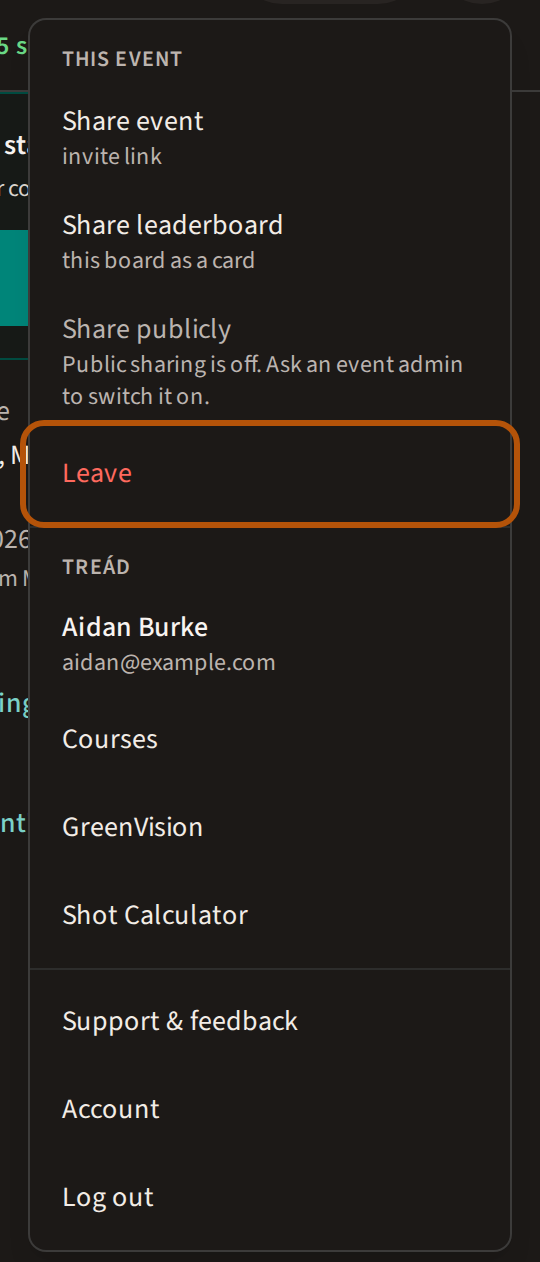 The More menu open on a roaming round you have joined, with Leave ringed at the foot of the This event list.