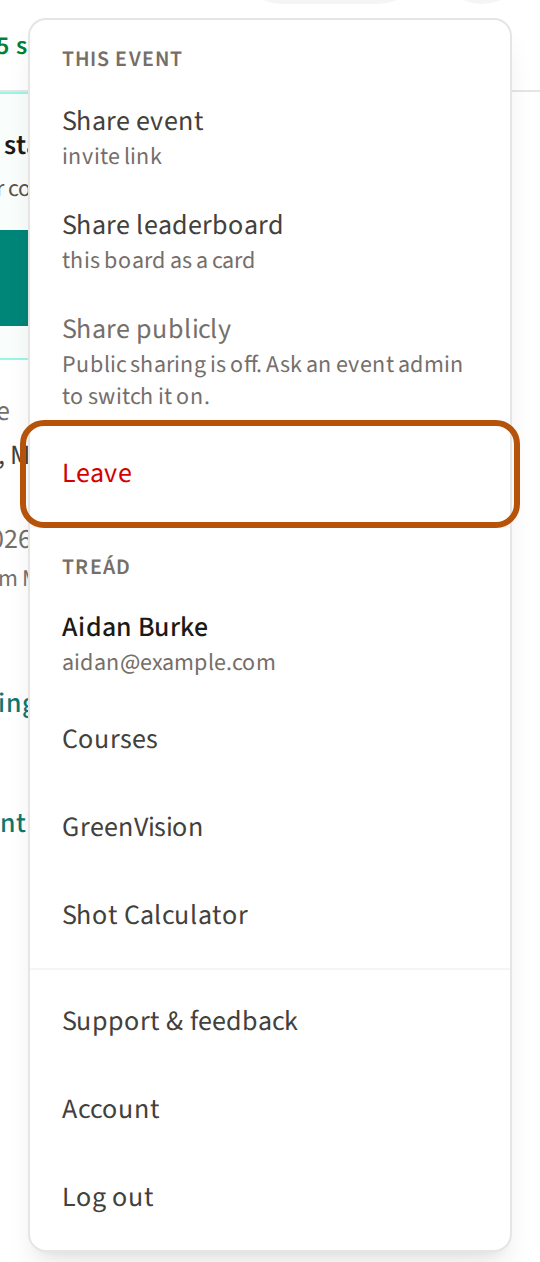 The More menu open on a roaming round you have joined, with Leave ringed at the foot of the This event list.