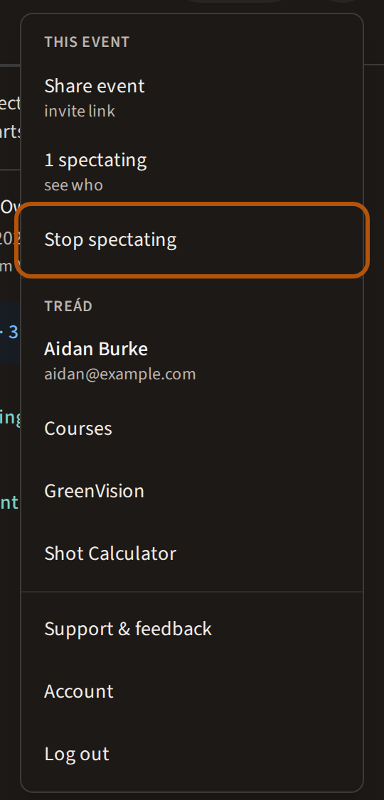 The More menu open on a roaming round that has not started yet, which you are spectating, with Stop spectating ringed.