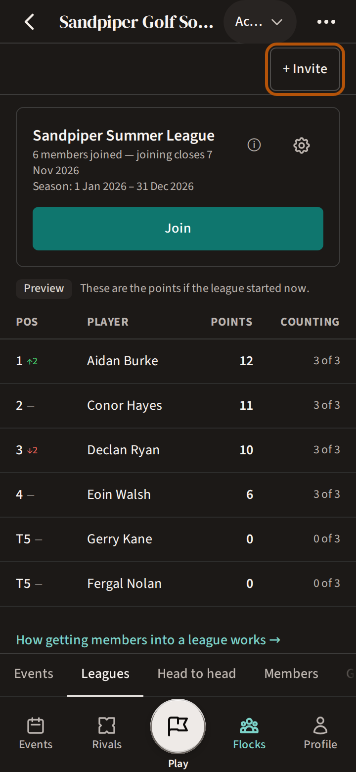 A flock's Leagues section during the joining period: the Invite button ringed, then the league's card with how many members have joined, when joining closes, the season dates, the settings button and Join.
