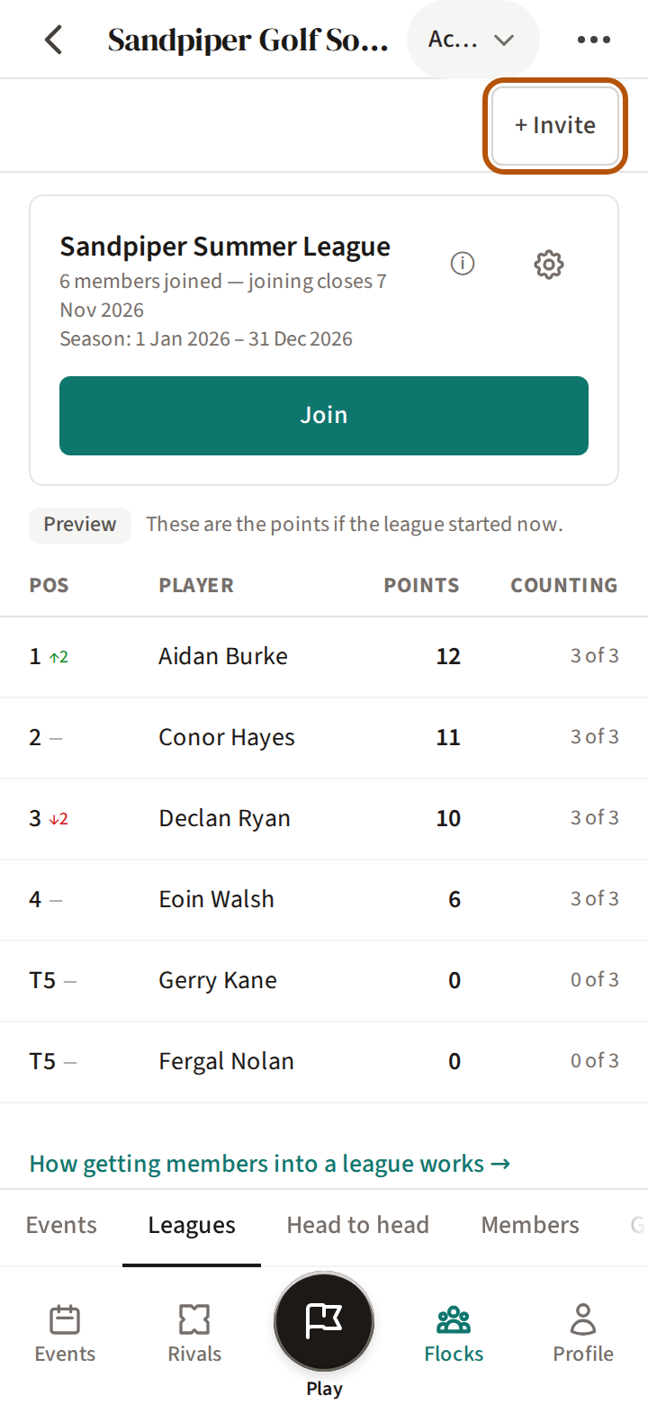 A flock's Leagues section during the joining period: the Invite button ringed, then the league's card with how many members have joined, when joining closes, the season dates, the settings button and Join.