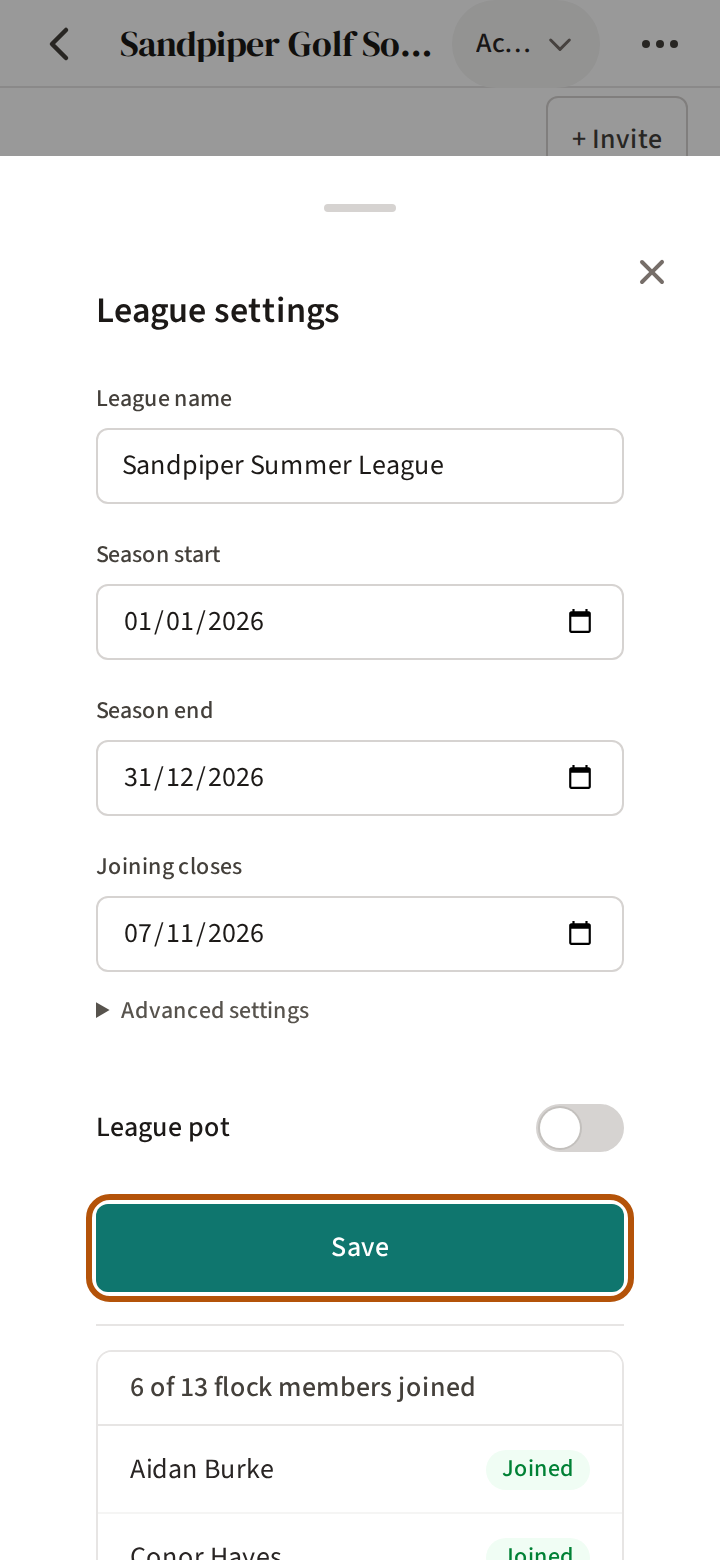 League settings open: the league's name, season start and end, when joining closes, the advanced settings, the League pot switch, Save ringed, and who has joined so far.
