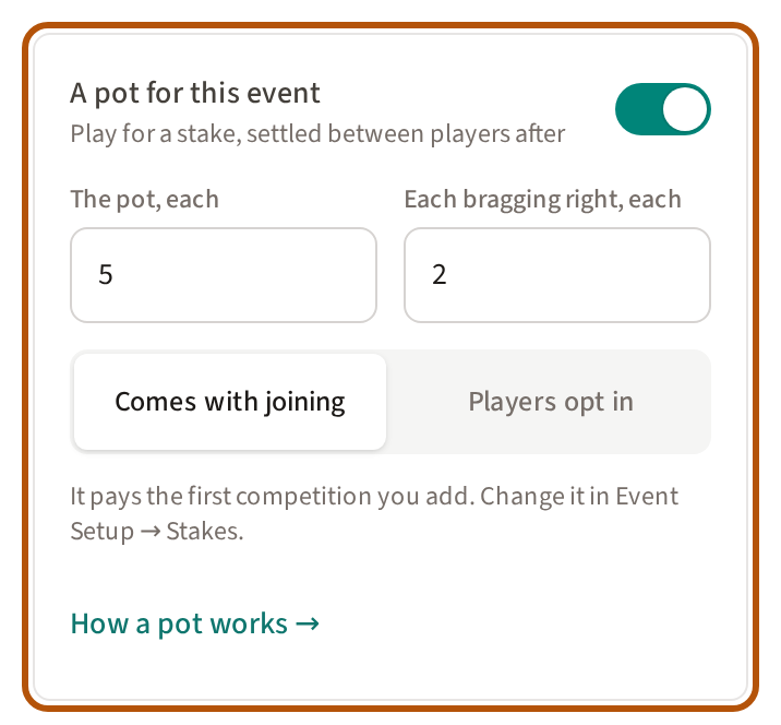 The create form's card A pot for this event, switched on and ringed: the amount for the pot and for each bragging right side by side, Comes with joining and Players opt in beneath, and the line saying what it will pay.