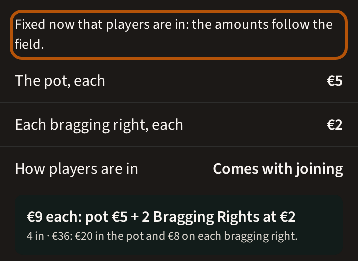 Stakes once players are in: the line saying the terms are fixed, ringed, with the amounts and the one number beneath it as values.