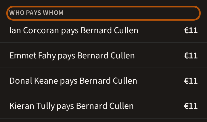 Settle up on a completed event's Clubhouse: the heading Who pays whom, ringed, and the first payments beneath it, each naming who pays whom and how much.