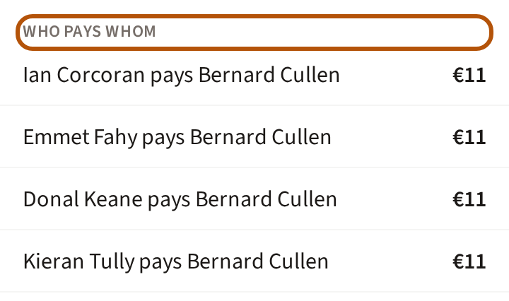 Settle up on a completed event's Clubhouse: the heading Who pays whom, ringed, and the first payments beneath it, each naming who pays whom and how much.