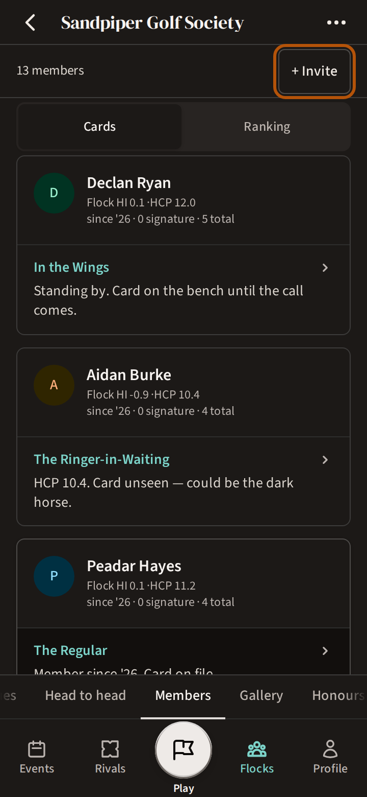 A flock's Members section: the number of members, with an Invite button at the right of that row.