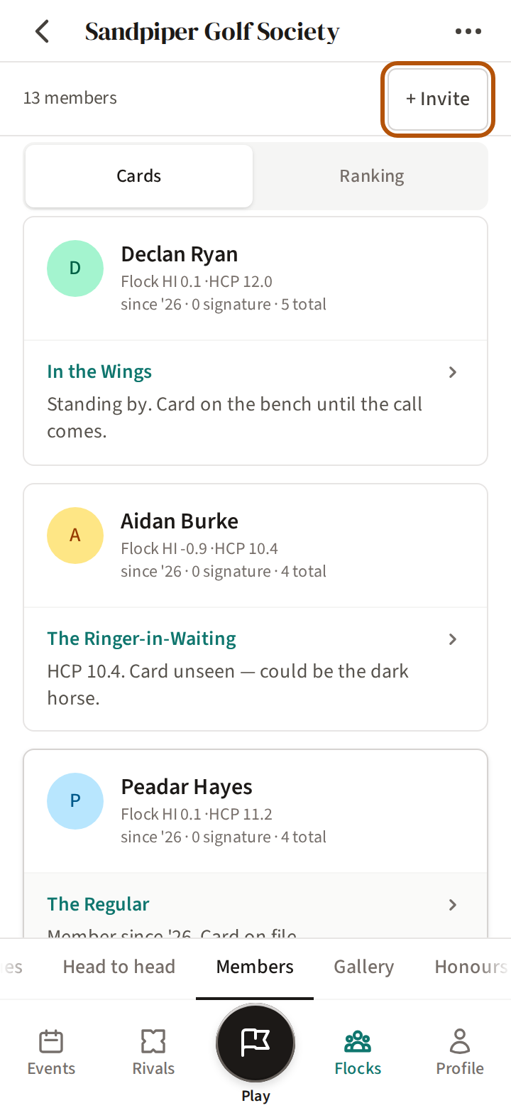 A flock's Members section: the number of members, with an Invite button at the right of that row.