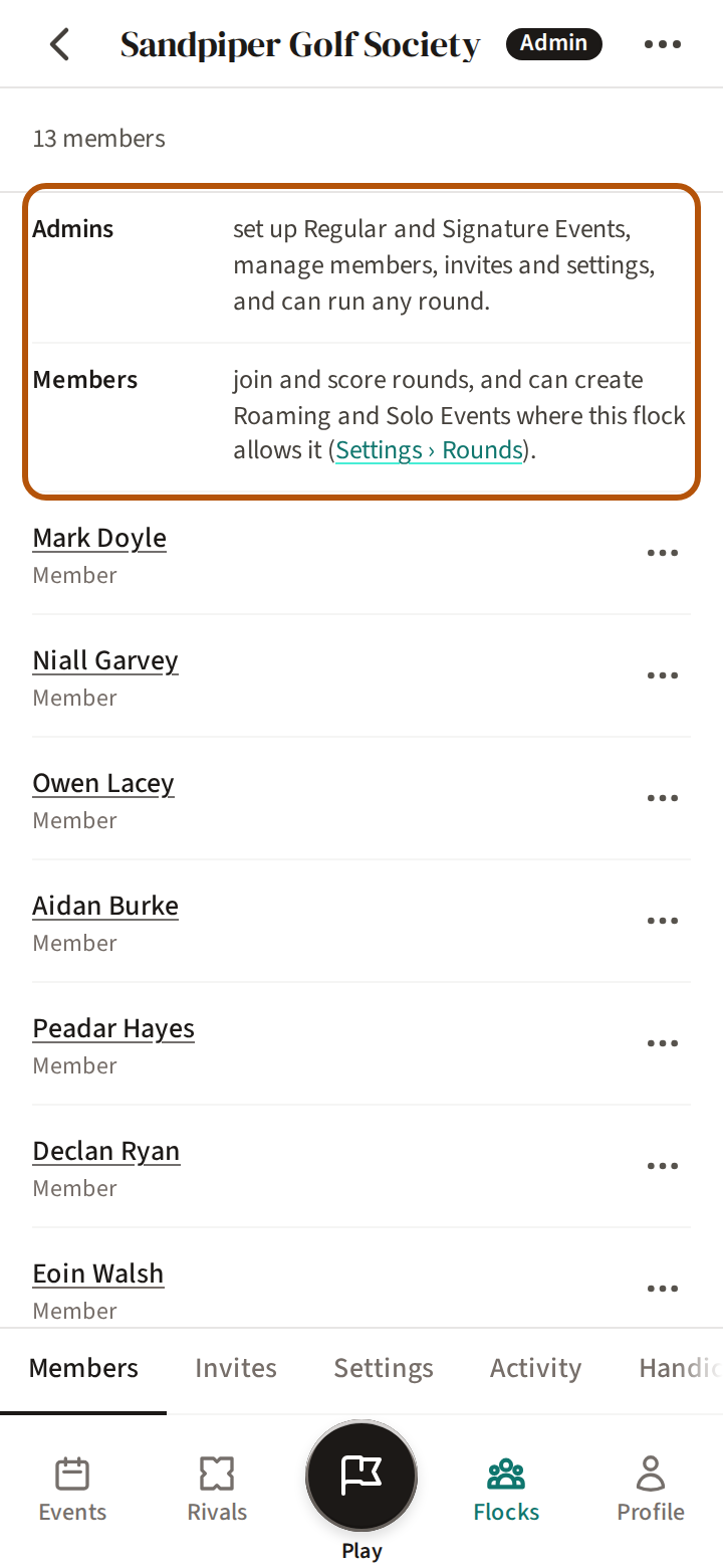 The flock's Admin on Members: who can do what as an admin or a member, ringed, then each member with their role and a button for more.