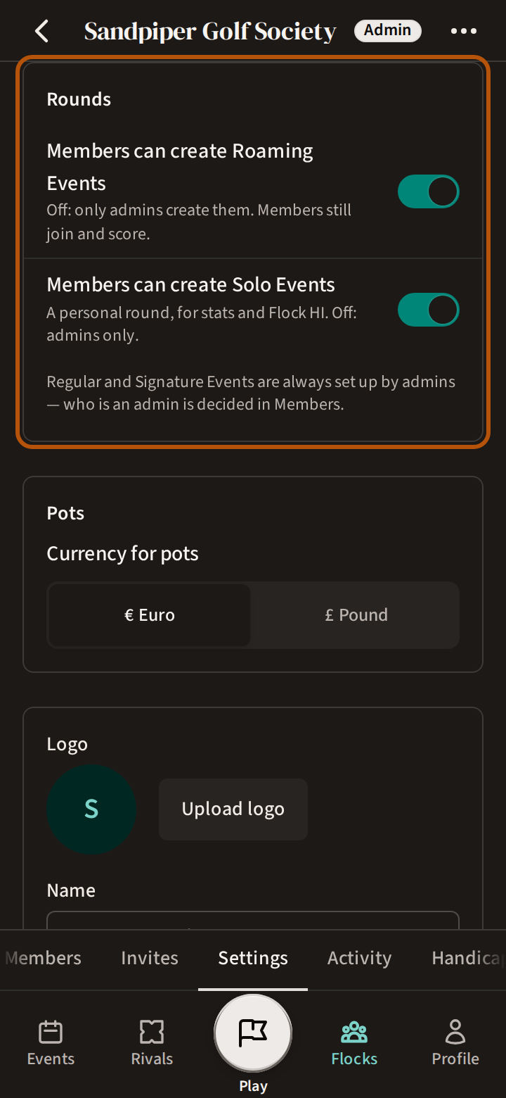 The flock's Admin on Settings: the Rounds switches for whether members can create Roaming and Solo Events, ringed, then Currency for pots, then the flock's logo and name.