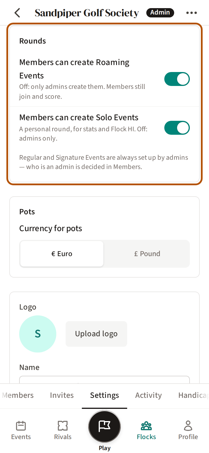 The flock's Admin on Settings: the Rounds switches for whether members can create Roaming and Solo Events, ringed, then Currency for pots, then the flock's logo and name.