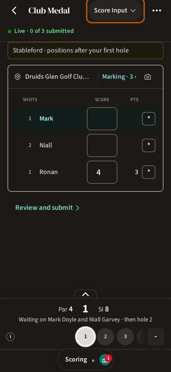 The Scoring section on hole 1 of a live round, with the picker in the header reading Score Input, ringed: a line above the card about where you stand, the course line at the top of the card, a row for each player in the group with their score field, and the hole bar along the bottom.