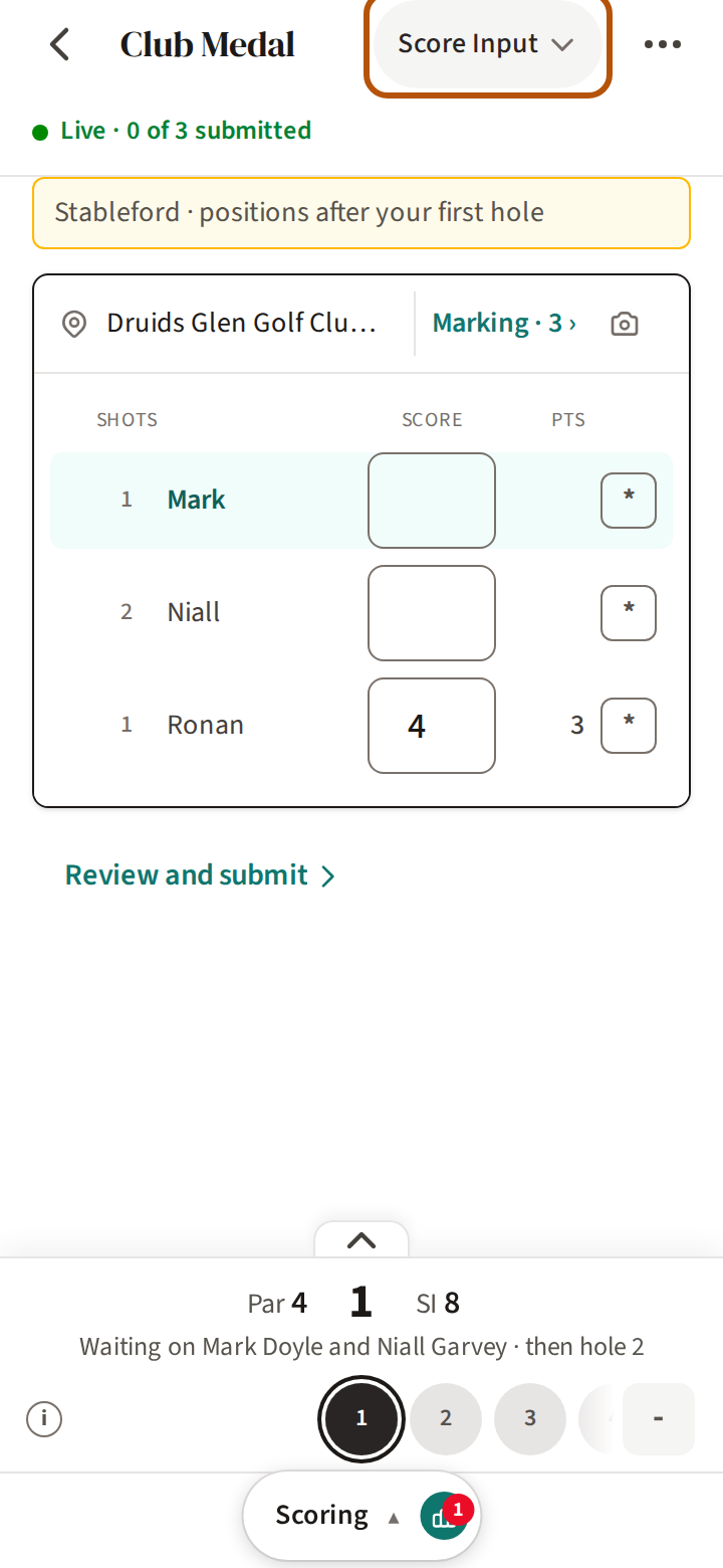 The Scoring section on hole 1 of a live round, with the picker in the header reading Score Input, ringed: a line above the card about where you stand, the course line at the top of the card, a row for each player in the group with their score field, and the hole bar along the bottom.