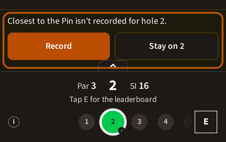 The hole bar stopped on a par 3: a line saying the side contest isn't recorded for this hole, with Record and Stay on the hole beside it, ringed.