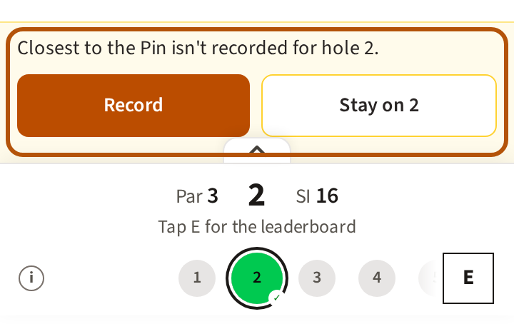 The hole bar stopped on a par 3: a line saying the side contest isn't recorded for this hole, with Record and Stay on the hole beside it, ringed.