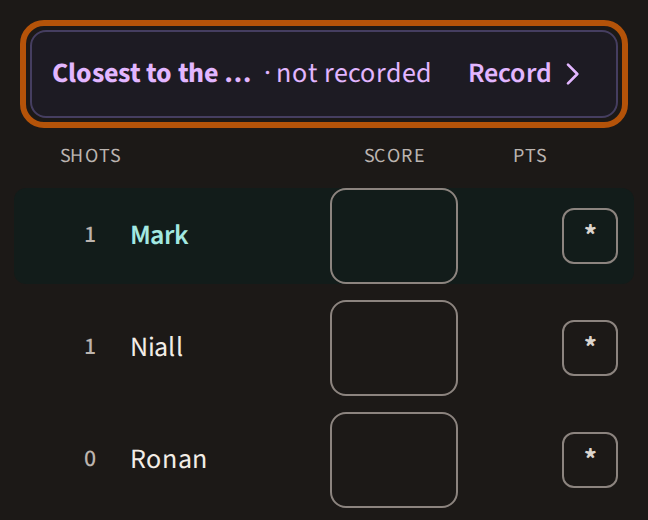 The card on a hole with a side contest: a row above the players' scores starting with the contest's name, cut short, saying it is not recorded, and ending in the Record button; the row is ringed.