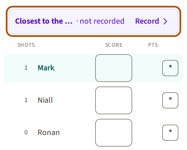 The card on a hole with a side contest: a row above the players' scores starting with the contest's name, cut short, saying it is not recorded, and ending in the Record button; the row is ringed.