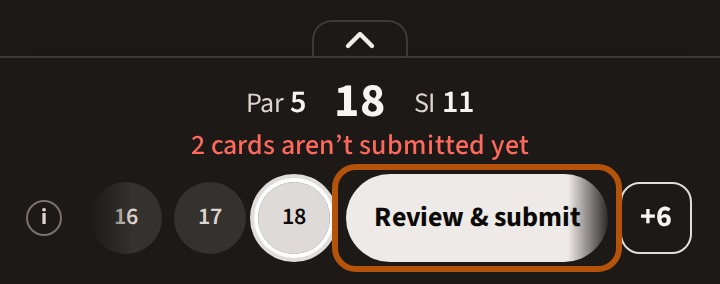 The hole bar on the last hole of a full card: a line saying how many cards aren't submitted yet, and the Review and submit button after the circles, ringed.