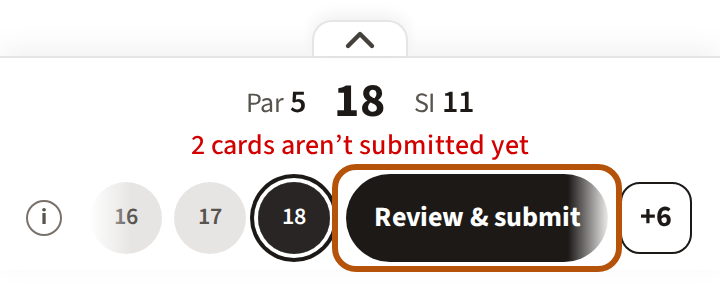 The hole bar on the last hole of a full card: a line saying how many cards aren't submitted yet, and the Review and submit button after the circles, ringed.