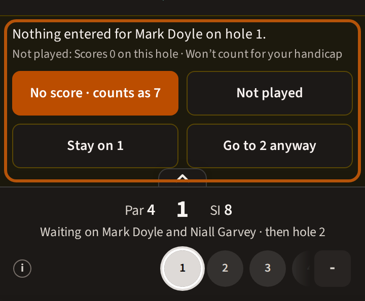 The hole bar asking first, ringed: a line naming who has nothing entered on the hole, a line saying what Not played costs, and the four answers — No score and the score it counts as, Not played, Stay on with the hole's number, and Go to the next hole anyway.