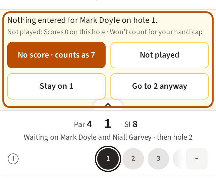The hole bar asking first, ringed: a line naming who has nothing entered on the hole, a line saying what Not played costs, and the four answers — No score and the score it counts as, Not played, Stay on with the hole's number, and Go to the next hole anyway.
